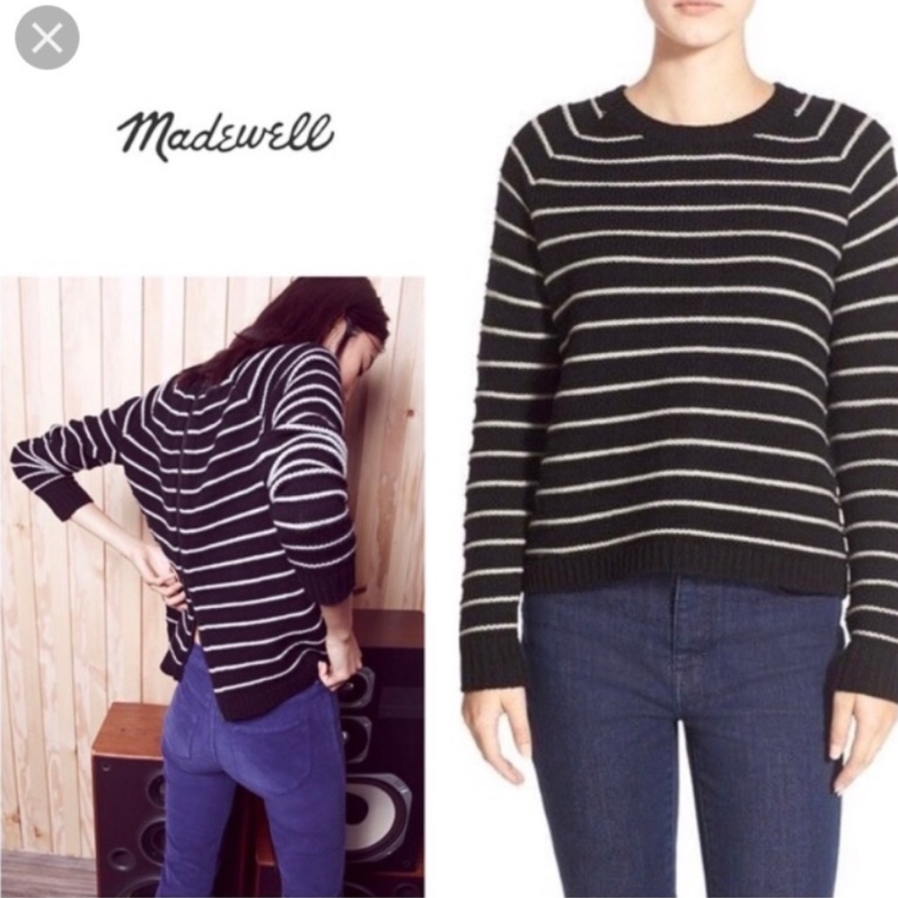 MADEWELL black & white stripe wool sweater w/zip.